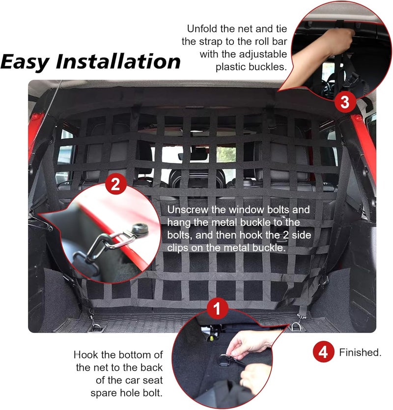 G Dog Barrier Rear Cargo Net Compatible with Jeep Wrangler Accessories JK JL Unlimited Sahara 4-Door 2007-2025, Safety Mesh Pet Divider for Medium, Large Pets, Easy to Install - Image 5